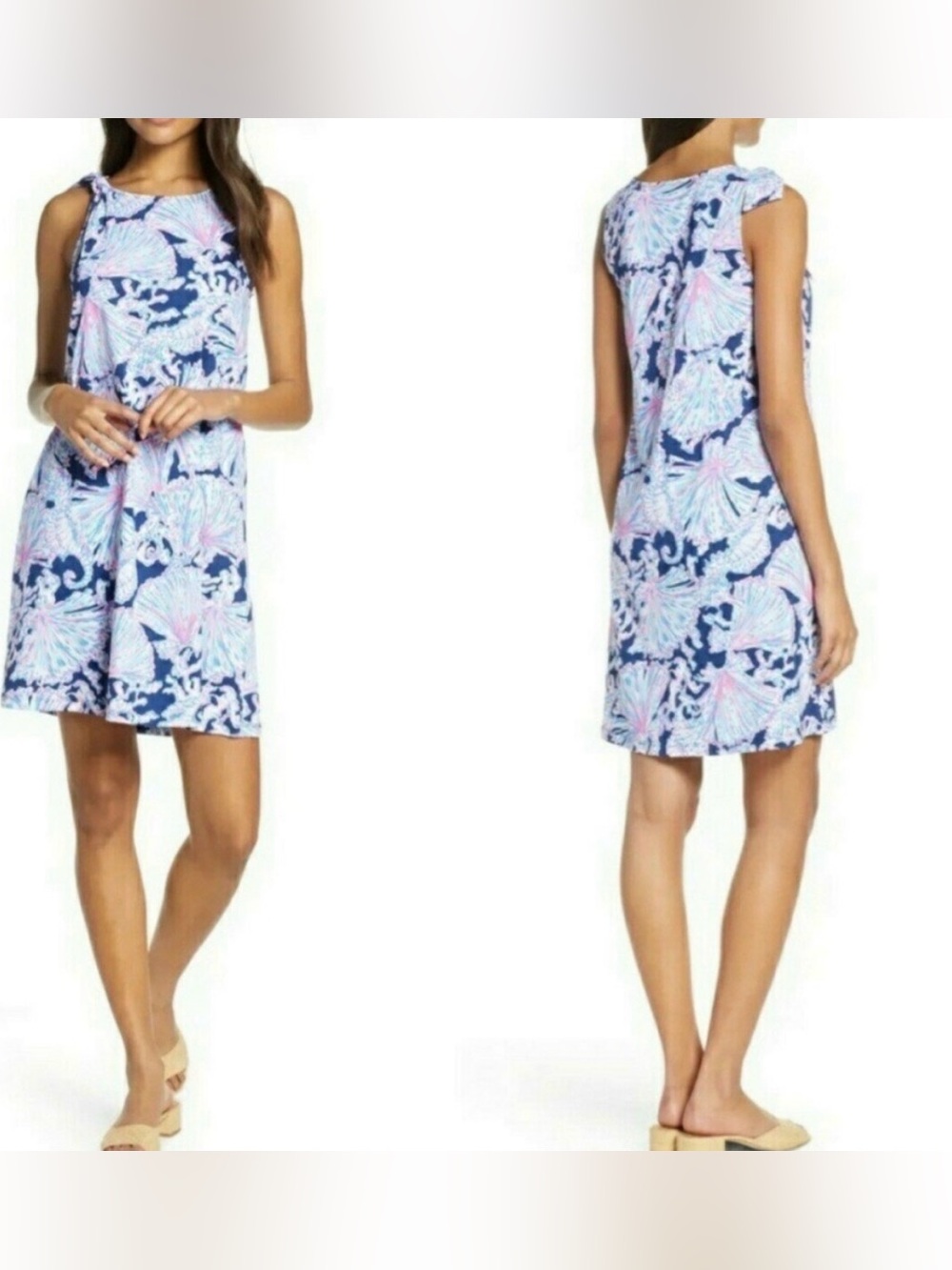 Lilly Pulitzer Luella Swing Dress L Deep Sea Navy Shells Bells Pima Cotton - Picture 3 of 13